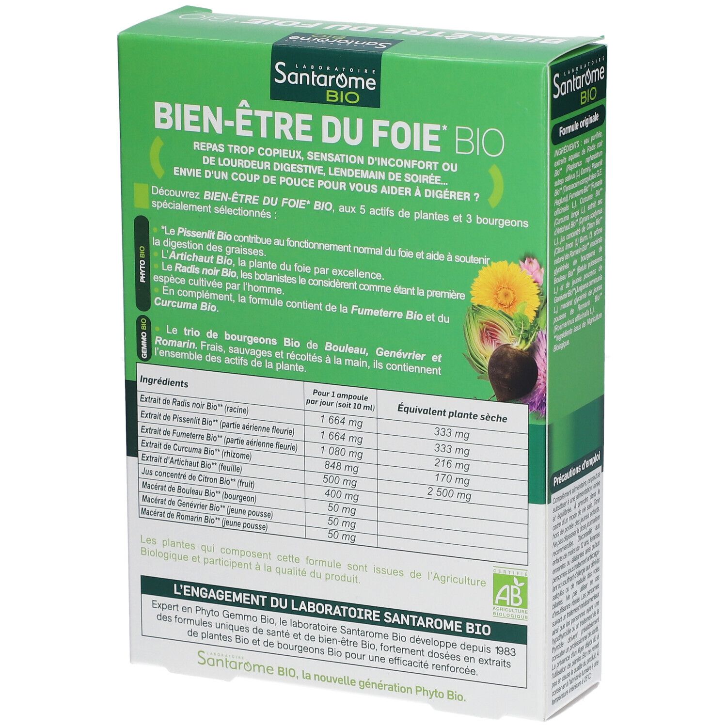 Achterkant van de groene doos Santarome Bio Bien-être du Foie Bio. Ingrediënten en doseringen. AB-label.