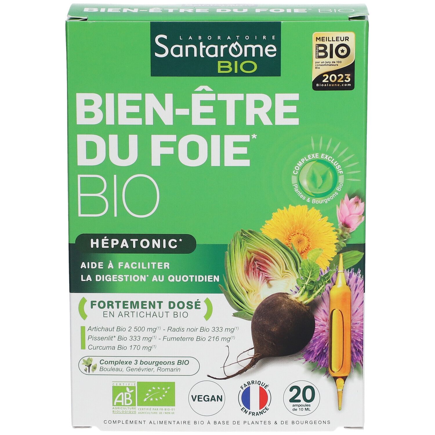 Groene doos Santarome Bio Bien-être du Foie Bio. Bevat 20 ampullen. Illustraties van groenten. AB-label, Vegan.