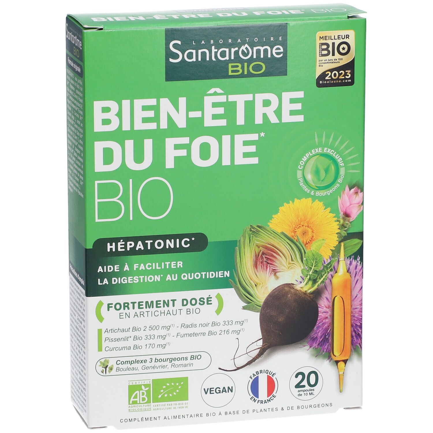Groene doos Santarome Bio Bien-être du Foie Bio. Bevat 20 ampullen. Illustraties van groenten. AB-label, Vegan.
