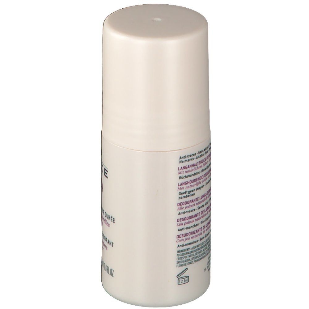 Deodorant roller. Witte behuizing met tekst. Opschrift: Anti-vlekken, zonder alcohol, zonder parabenen. Langdurige bescherming.