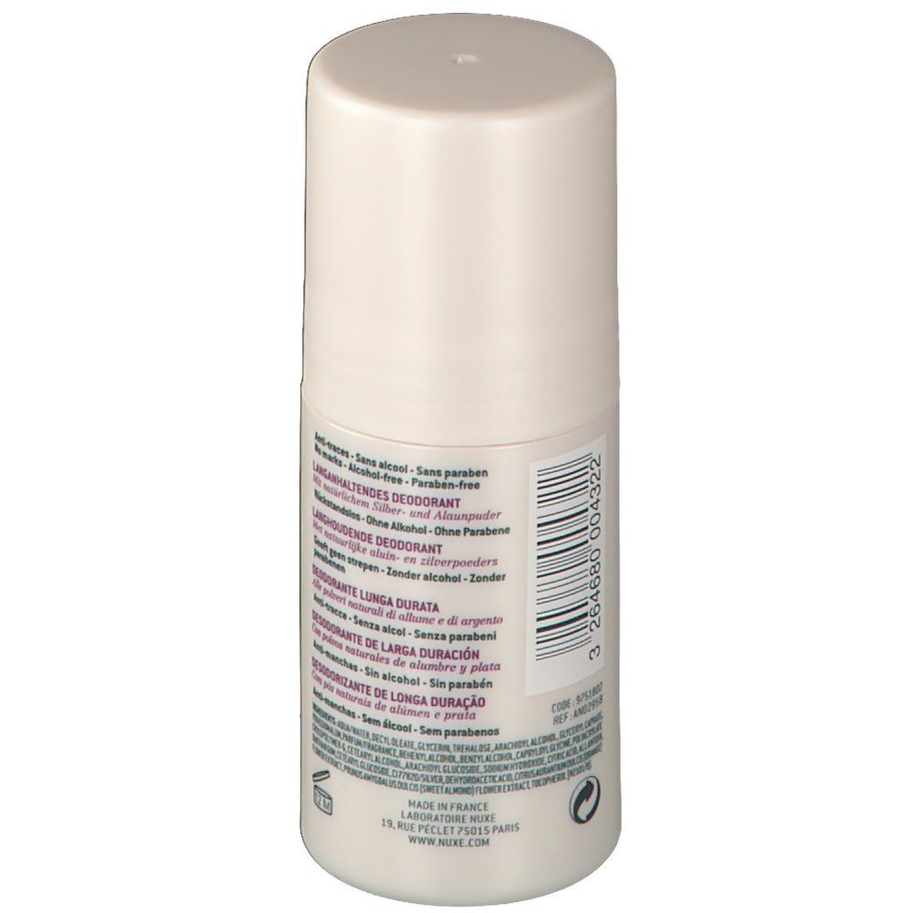 Deodorant roller. Witte behuizing met tekst en barcode. Opschrift: Zonder alcohol, zonder parabenen. Langdurige bescherming.