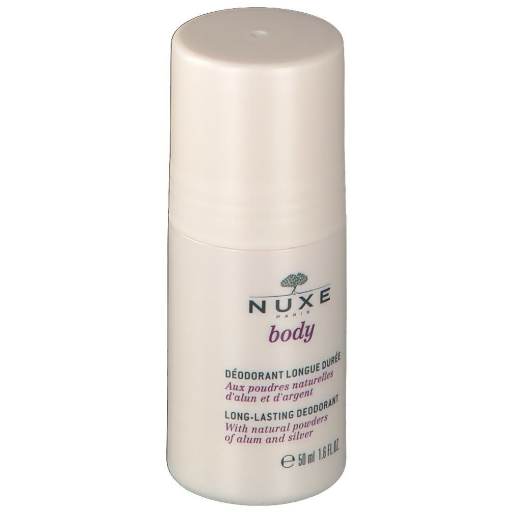 Deodorant roller. Witte behuizing met tekst. Opschrift: NUXE body. Met natuurlijke poeders en zilver. 50 ml.