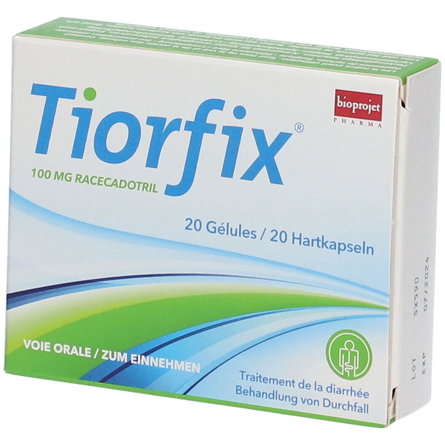 Doos Tiorfix, 100 mg racecadotril, 20 capsules. Opschrift: Behandeling van diarree. Bioprojet Pharma logo.