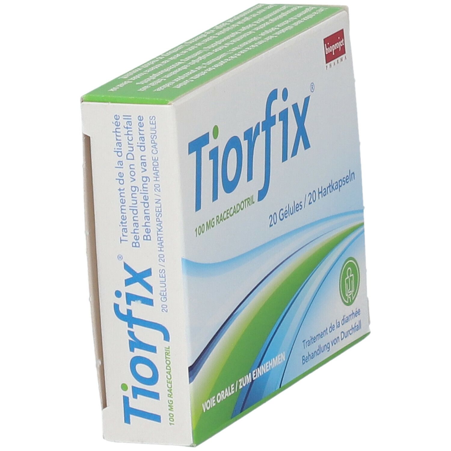 Doos Tiorfix, 100 mg racecadotril, 20 capsules. Opschrift: Behandeling van diarree. Bioprojet Pharma logo. Zijaanzicht.