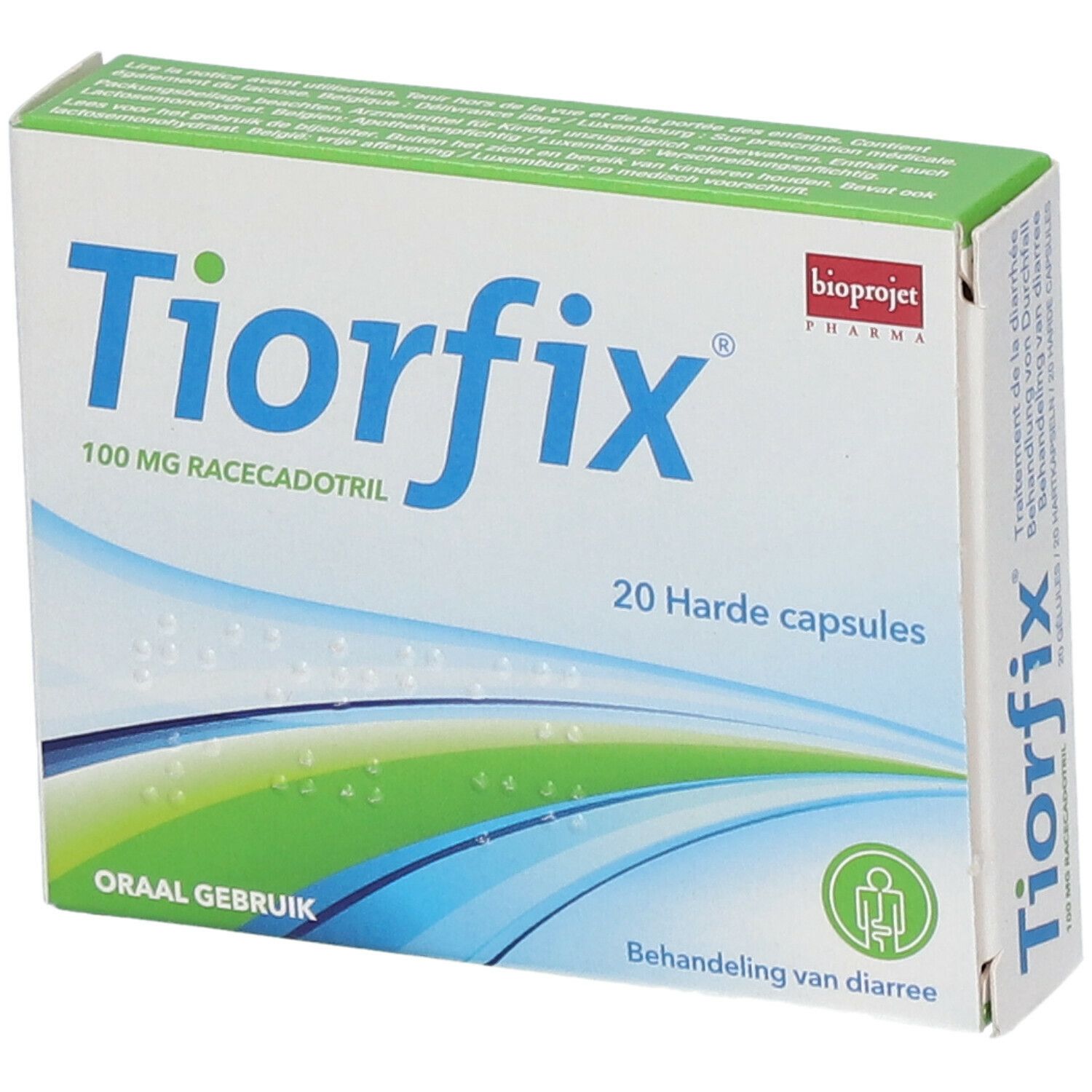 Doos Tiorfix, 100 mg racecadotril, 20 capsules. Opschrift: Behandeling van diarree. Bioprojet Pharma logo. Ovale vorm.