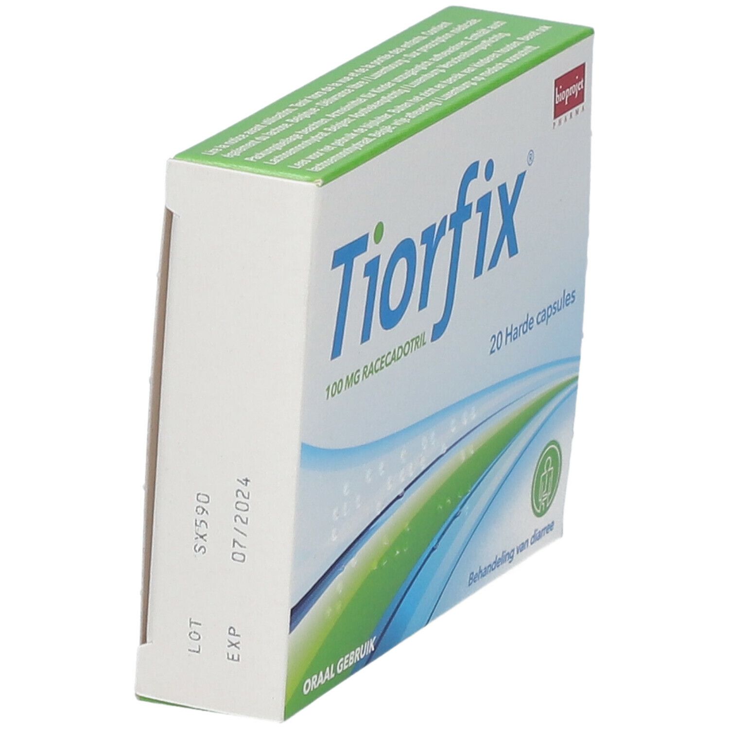 Doos Tiorfix, 100 mg racecadotril, 20 capsules. Opschrift: Behandeling van diarree. Bioprojet Pharma logo. Zijaanzicht.