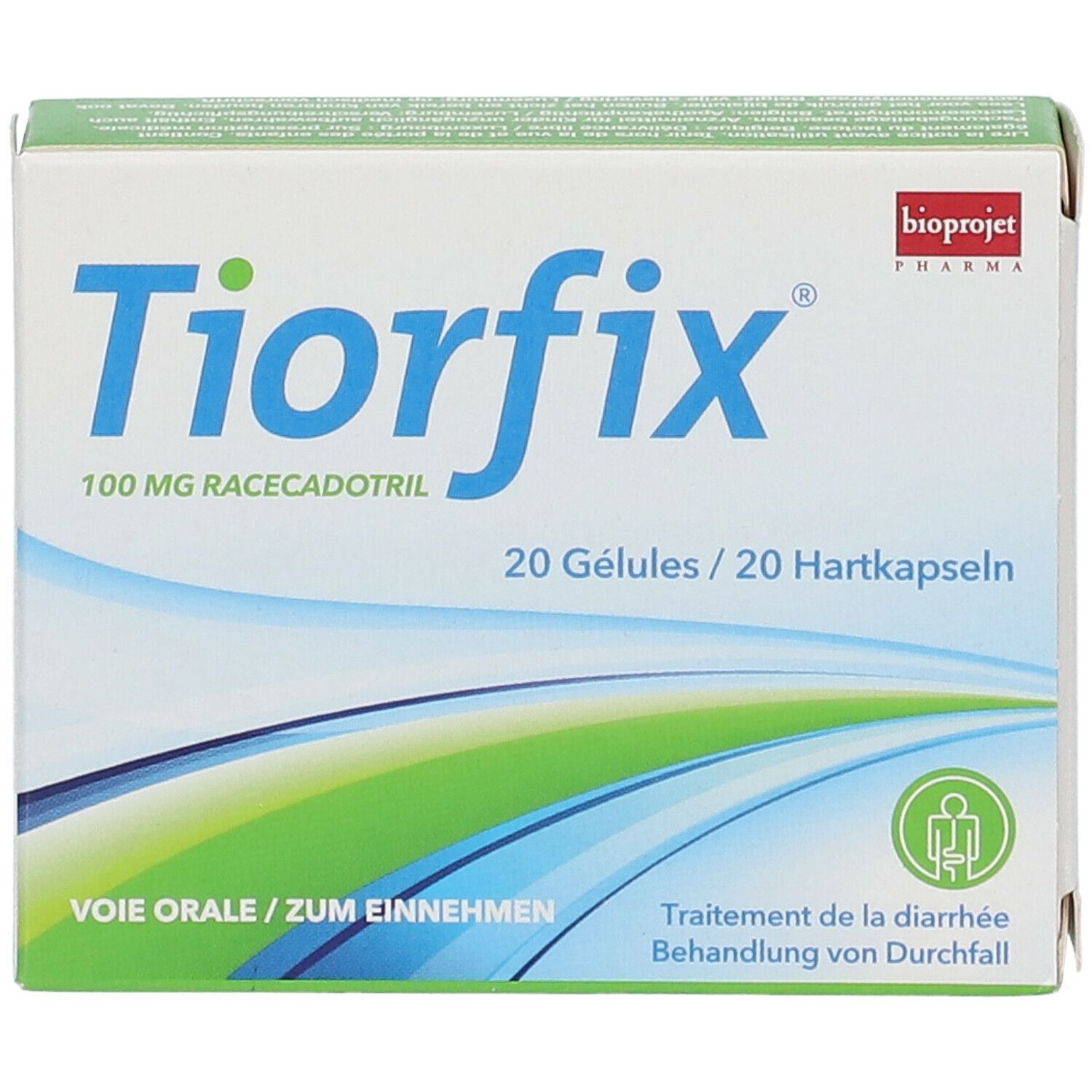 Doos Tiorfix, 100 mg racecadotril, 20 capsules. Opschrift: Behandeling van diarree. Bioprojet Pharma logo.