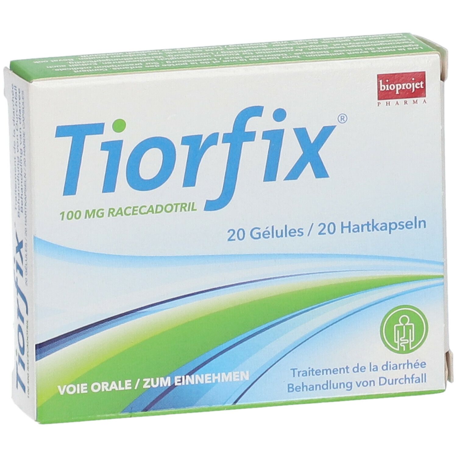 Doos Tiorfix, 100 mg racecadotril, 20 capsules. Opschrift: Behandeling van diarree. Bioprojet Pharma logo.