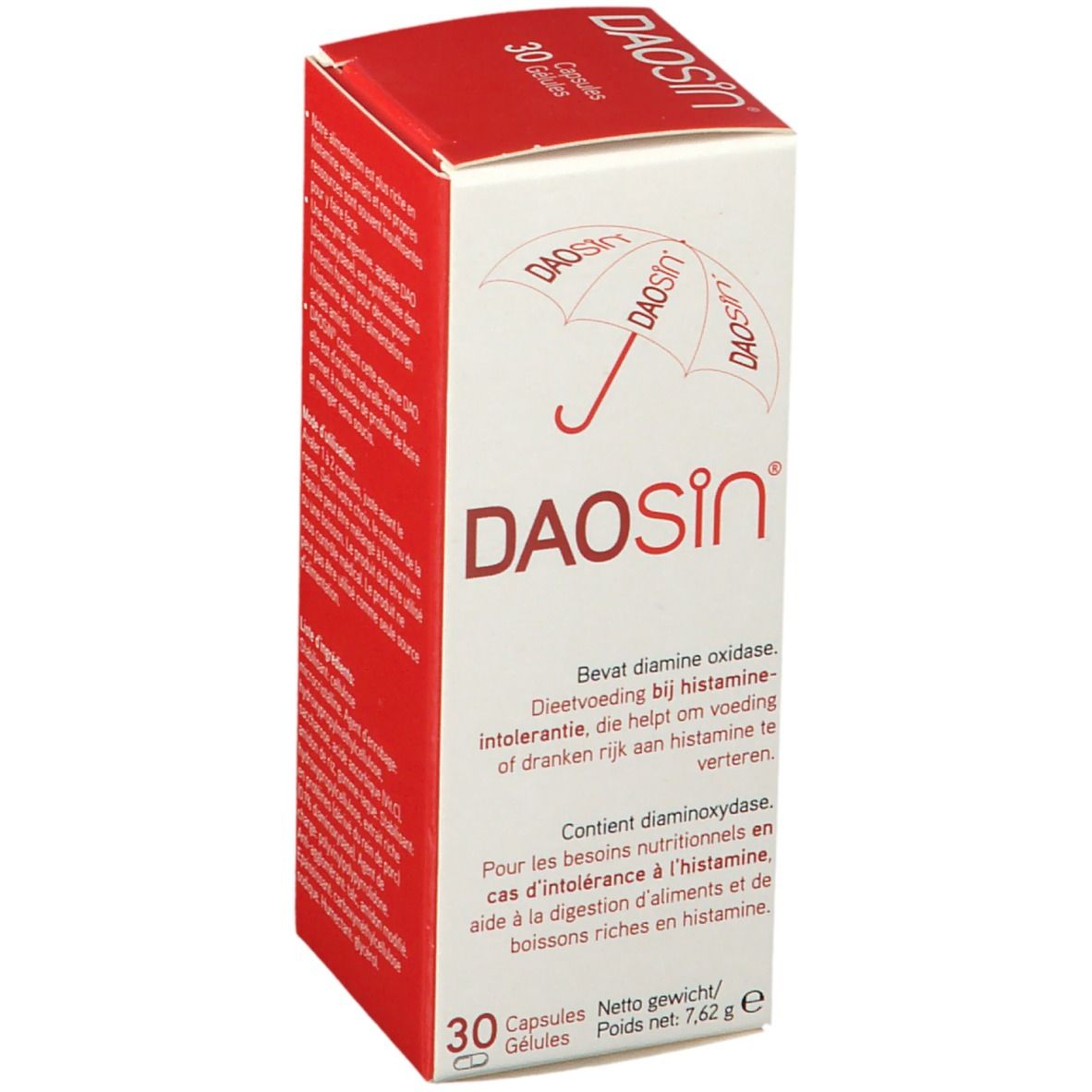 Boîte en carton rouge et blanc. Inscription: DAOSiN, 30 gélules. Contient de la diamine oxydase.