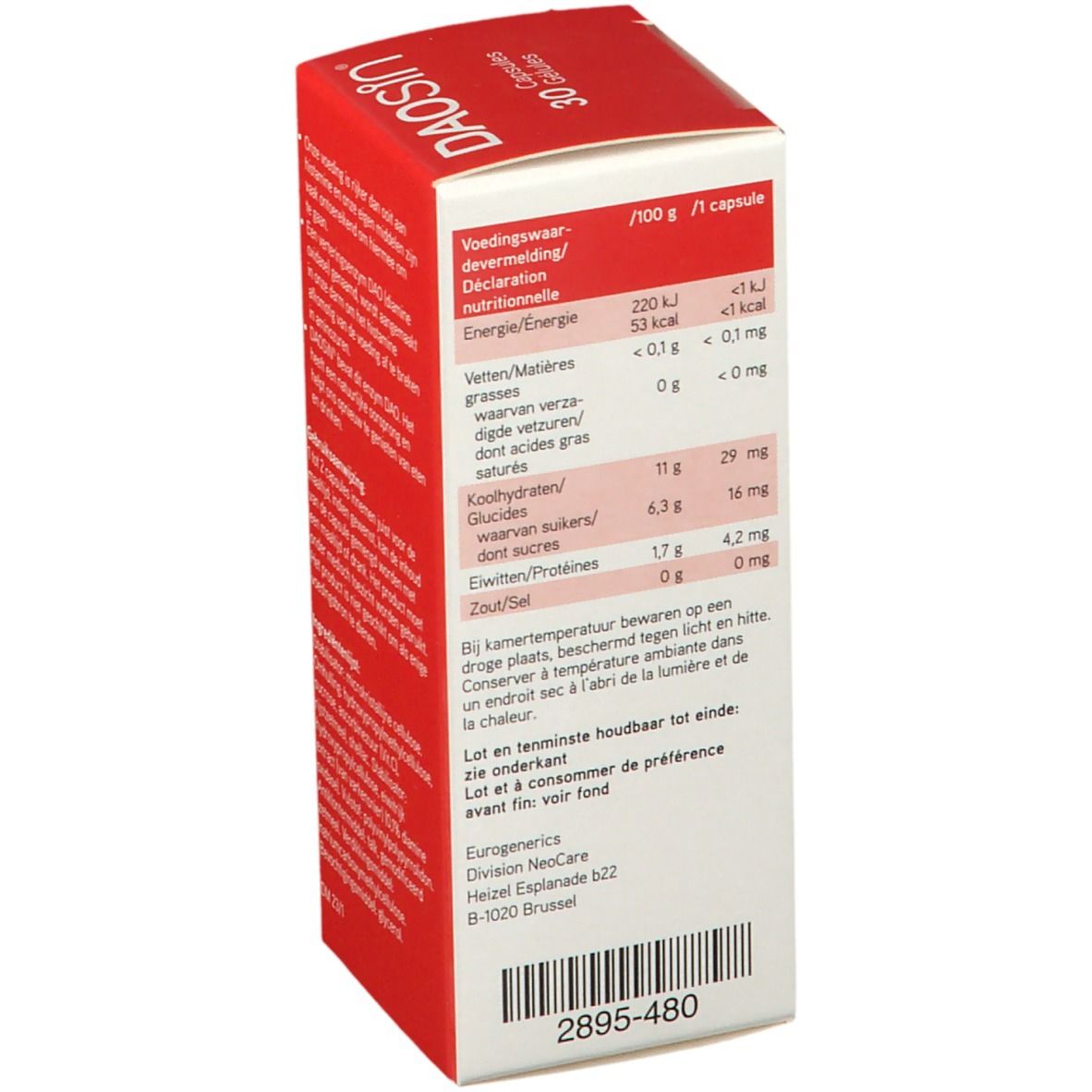 Boîte en carton avec informations nutritionnelles pour 100g et par gélule. Contient des informations sur l'énergie, les graisses, les glucides, les protéines et le sel.
