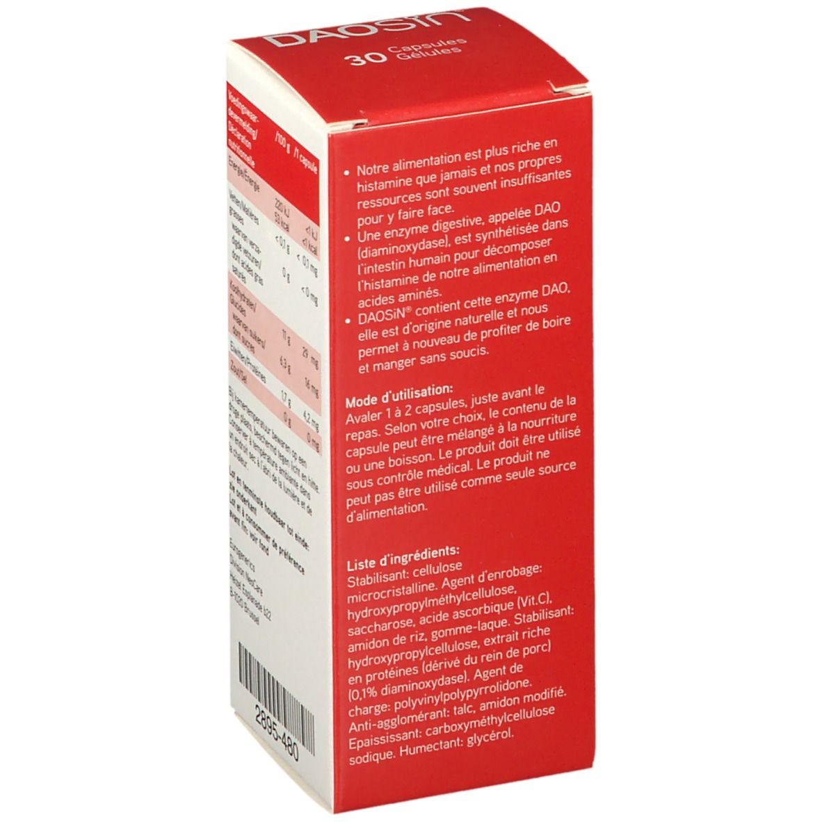 Boîte en carton avec texte en français. Contient des informations sur l'utilisation et les ingrédients. Marque: DAOSiN.
