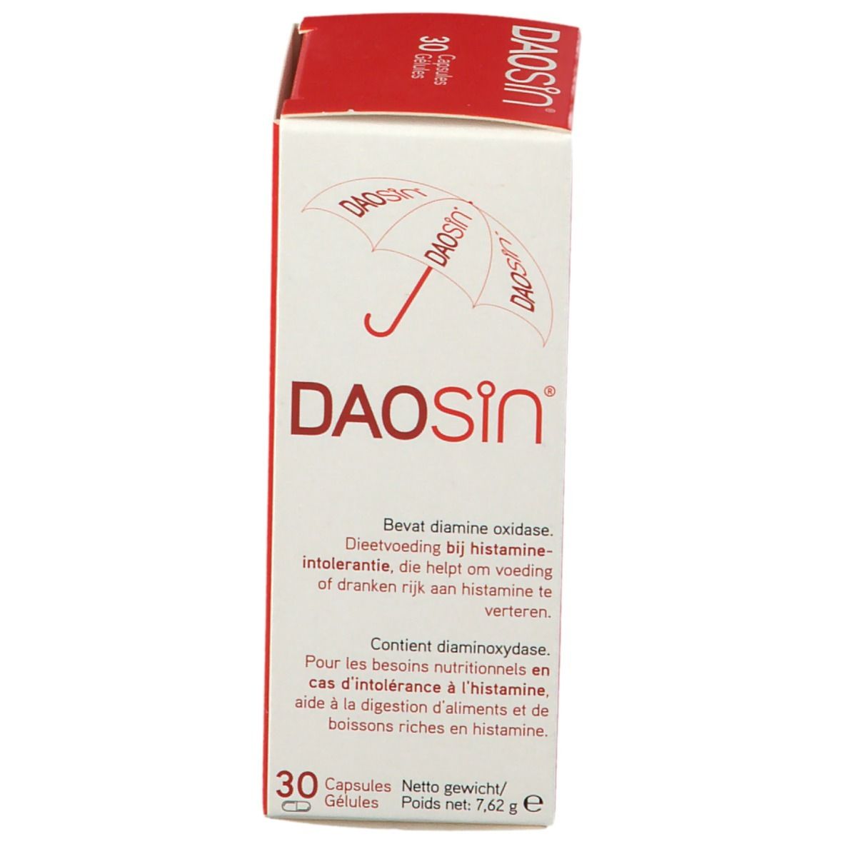 Boîte en carton rouge et blanc. Inscription: DAOSiN, 30 gélules. Contient de la diamine oxydase.