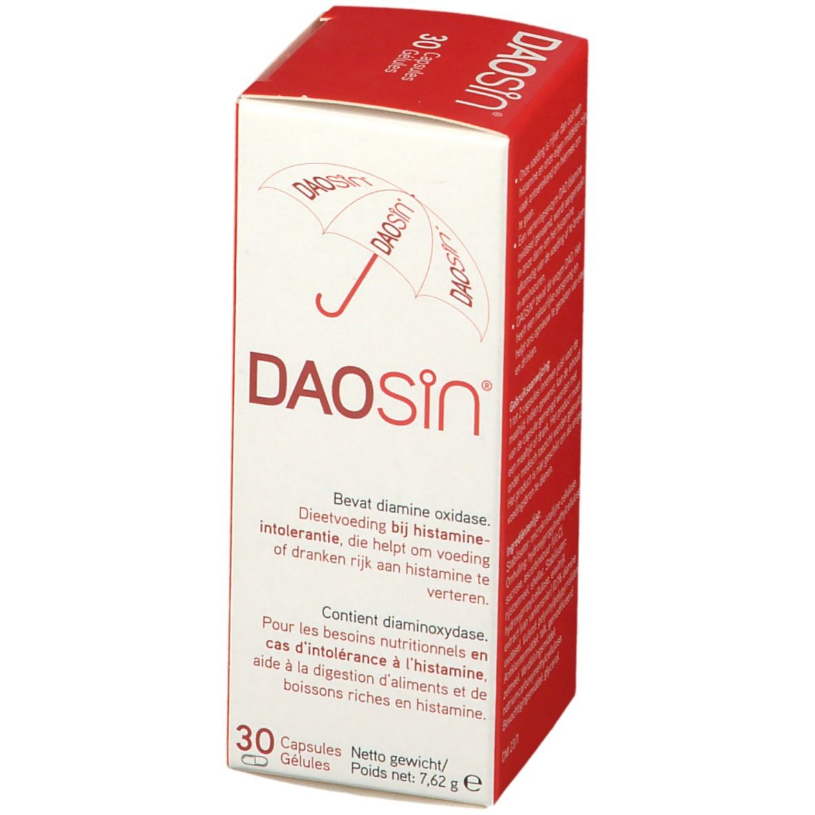 Boîte en carton rouge et blanc. Inscription: DAOSiN, 30 gélules. Contient de la diamine oxydase.