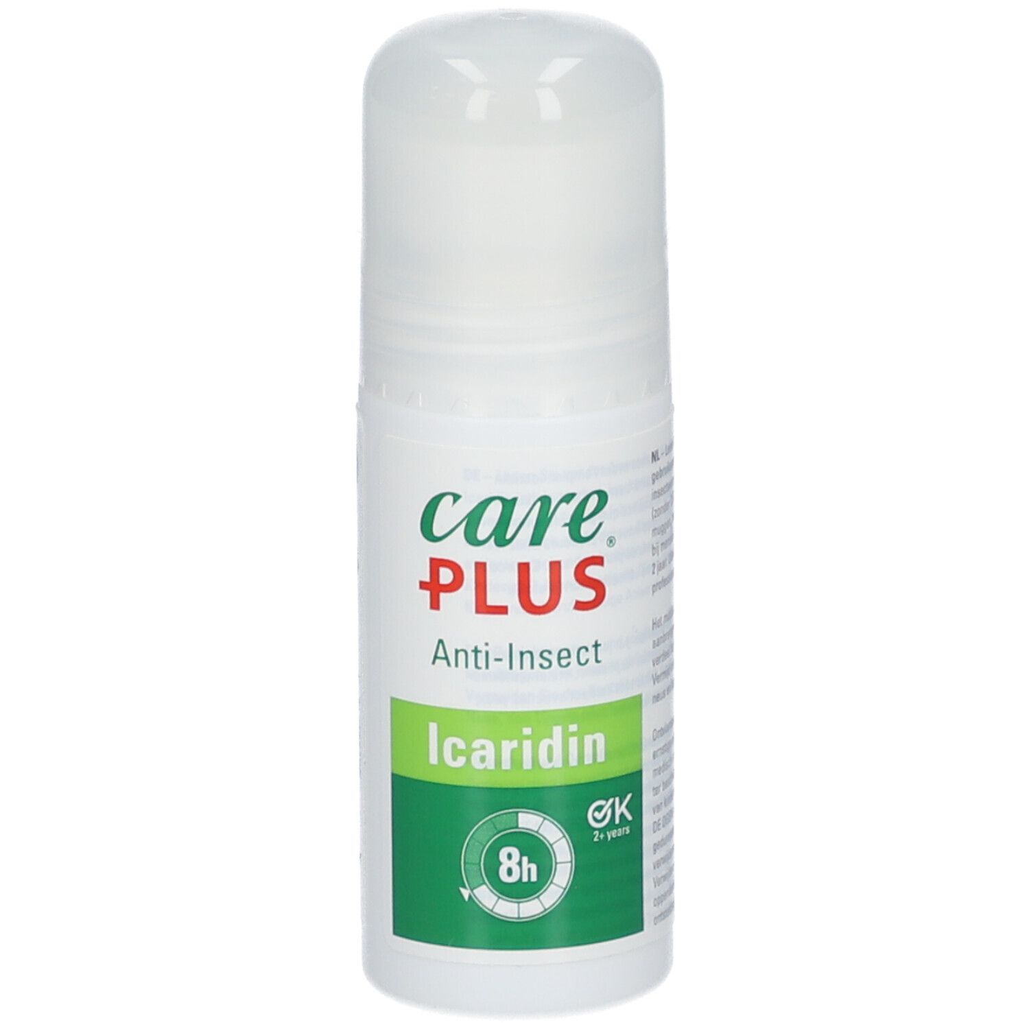 Care Plus Anti-Insect Roll-On. Weißes Fläschchen mit grün-rotem Etikett. Enthält Icaridin. 8h Schutz.