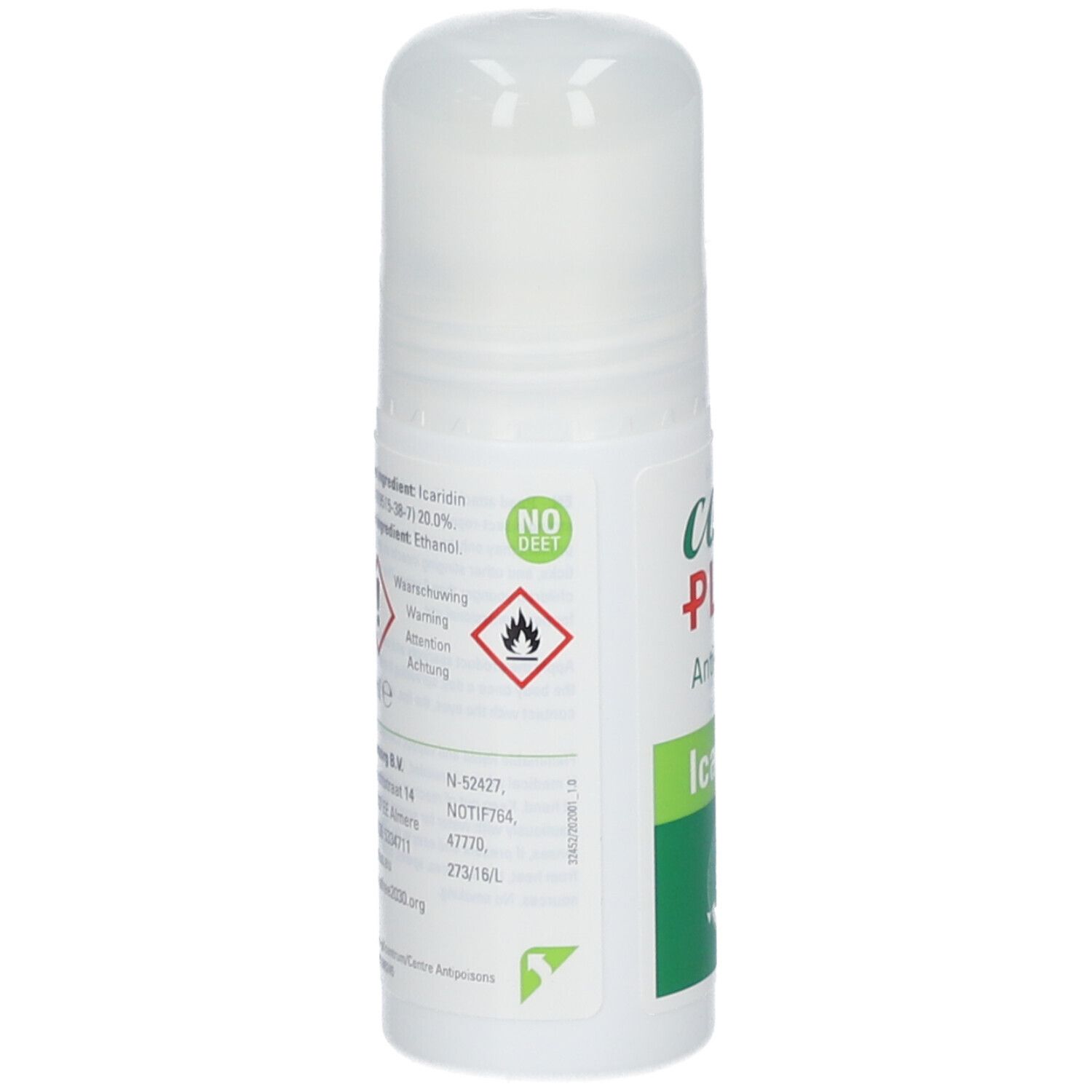 Care Plus Anti-Insect Roll-On. Rückseite des weißen Fläschchens. Enthält Icaridin. Warnhinweise und Inhaltsstoffe.
