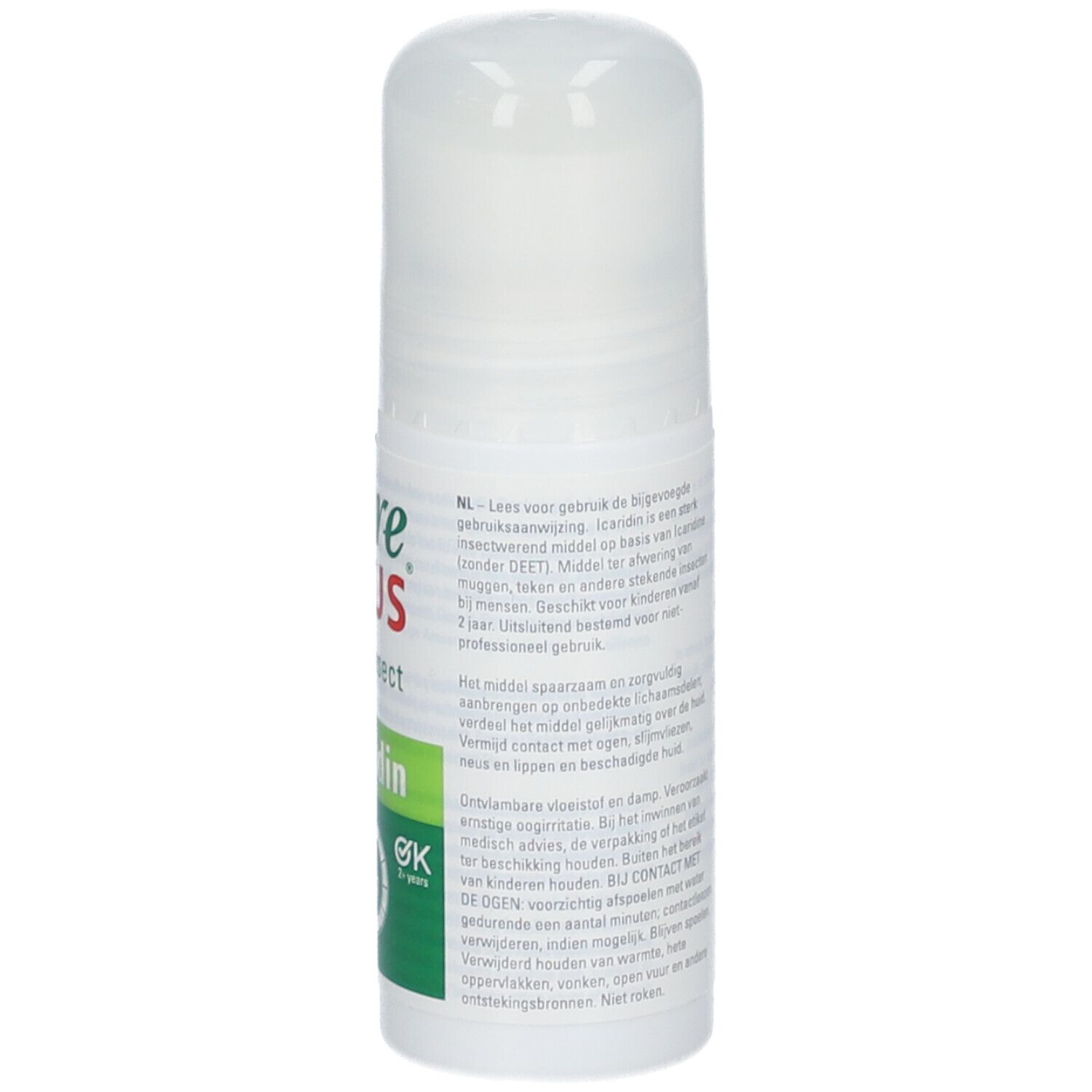 Care Plus Anti-Insect Roll-On. Rückseite des weißen Fläschchens. Text in niederländischer Sprache. Enthält Icaridin.