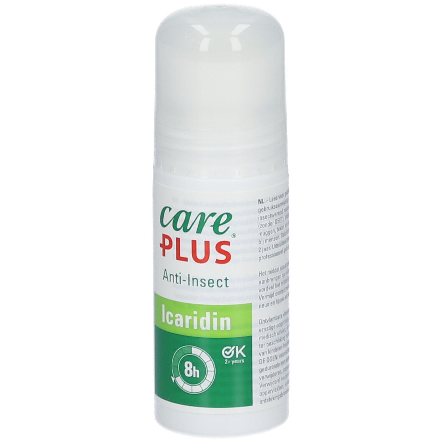 Care Plus Anti-Insect Roll-On. Weißes Fläschchen mit grün-rotem Etikett. Enthält Icaridin. 8h Schutz.