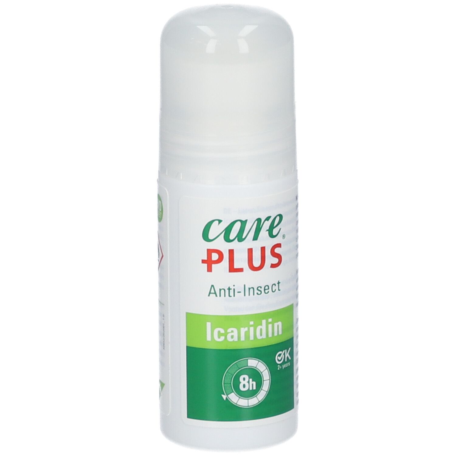 Care Plus Anti-Insect Roll-On. Weißes Fläschchen mit grün-rotem Etikett. Enthält Icaridin. 8h Schutz.