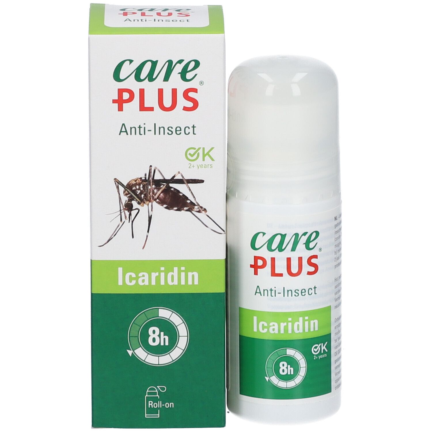 Care Plus Anti-Insect Roll-On und Verpackung. Produktname und Logo. Enthält Icaridin. 8h Schutz. Roll-on.