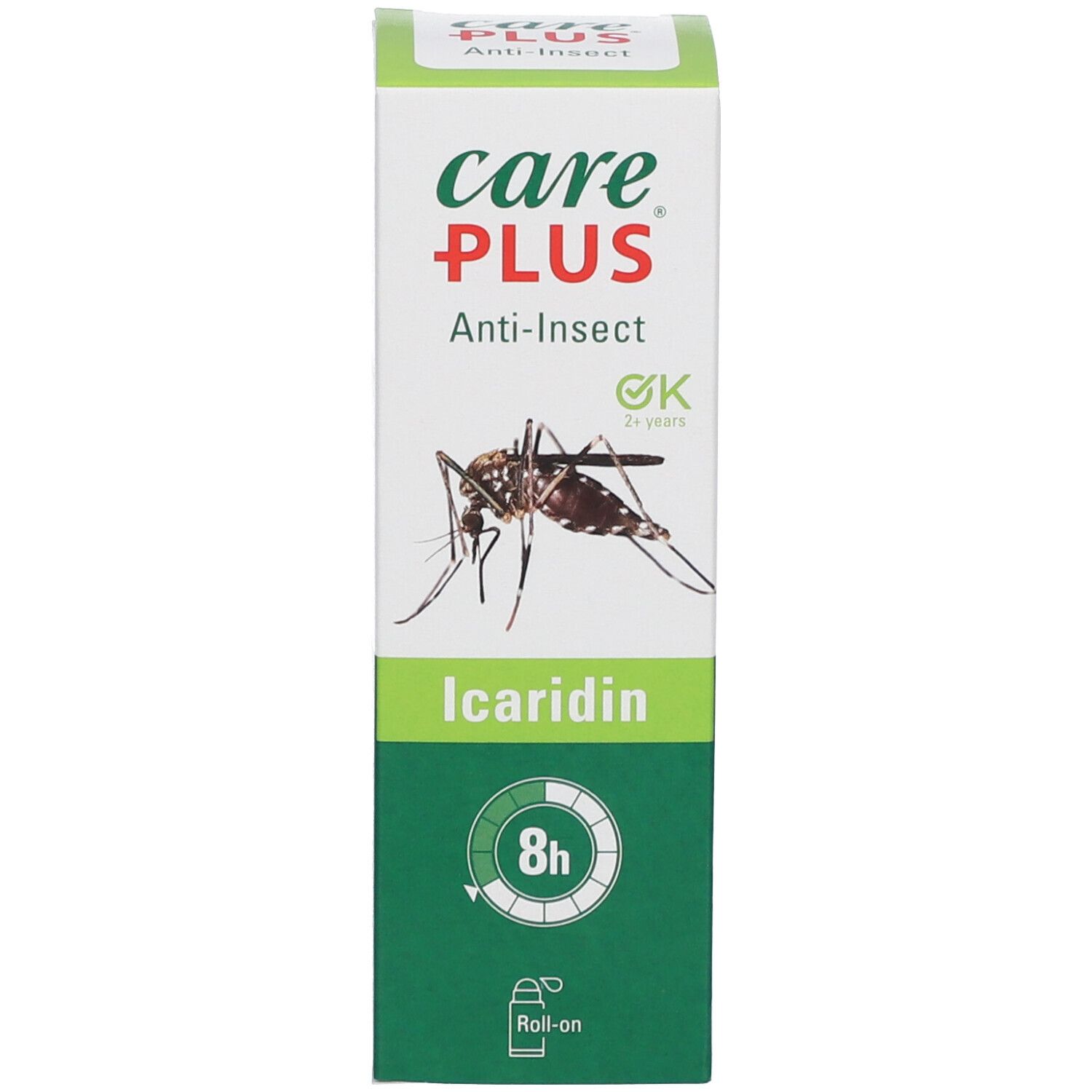 Care Plus Anti-Insect Verpackung. Produktname und Logo. Enthält Icaridin. 8h Schutz. Abbildung einer Mücke.