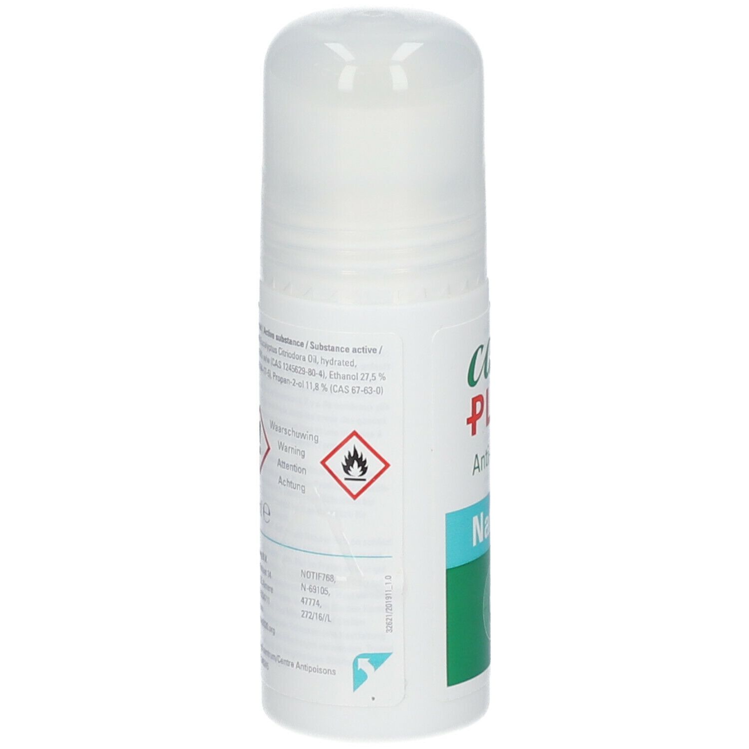 Roll-on blanc avec texte et symboles d'avertissement. Texte : Care Plus, Anti-Insect, Natural. Avertissements.