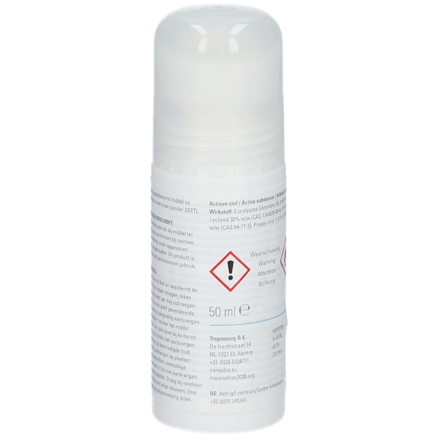 Dos d'un roll-on blanc. Texte : Care Plus, Anti-Insect, Natural. Avertissements, ingrédients, 50 ml.