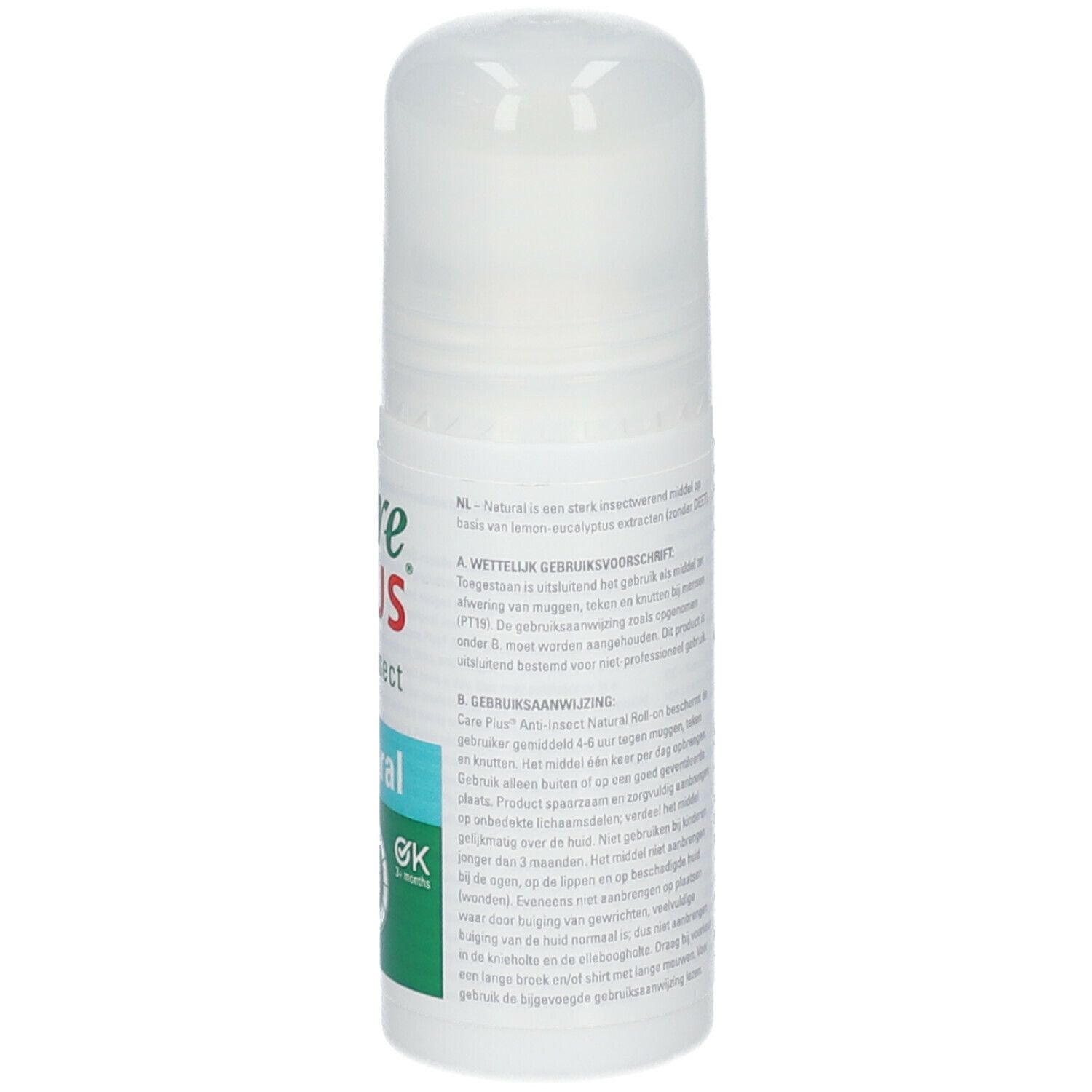 Roll-on blanc avec texte. Texte : Care Plus, Anti-Insect, Natural. Mode d'emploi, ingrédients.