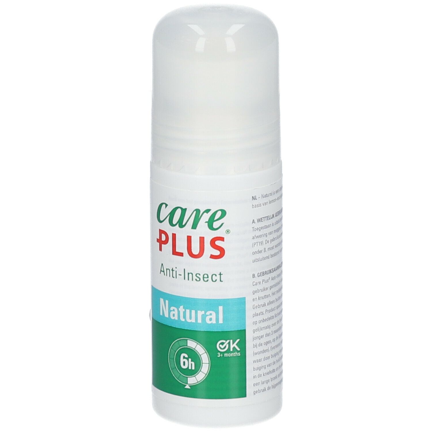 Roll-on blanc avec étiquette verte et blanche. Texte : Care Plus, Anti-Insect, Natural, 6h, logo OK.