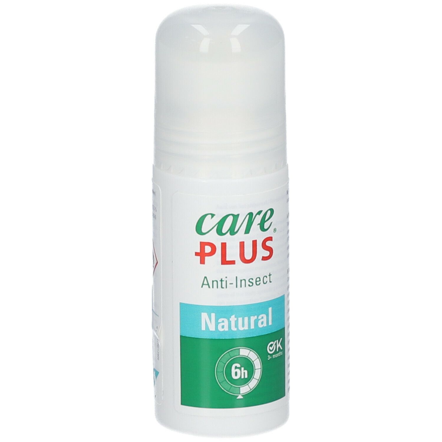 Roll-on blanc avec étiquette verte et blanche. Texte : Care Plus, Anti-Insect, Natural, 6h, logo OK.