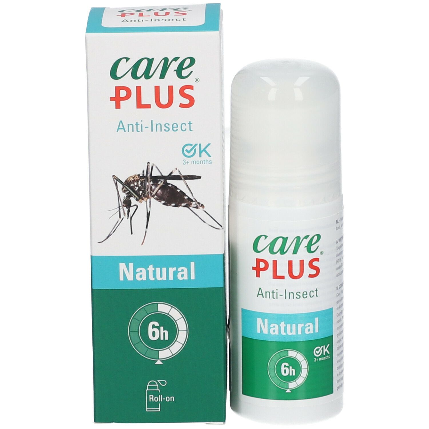 Emballage et roll-on. Emballage avec graphique d'insecte. Texte : Care Plus, Anti-Insect, Natural, 6h.