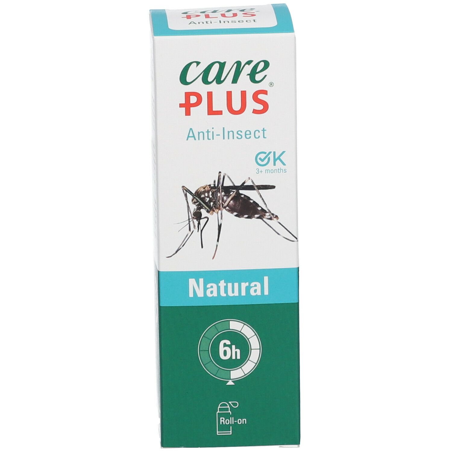 Emballage avec graphique d'insecte. Texte : Care Plus, Anti-Insect, Natural, 6h, logo OK. Symbole roll-on.