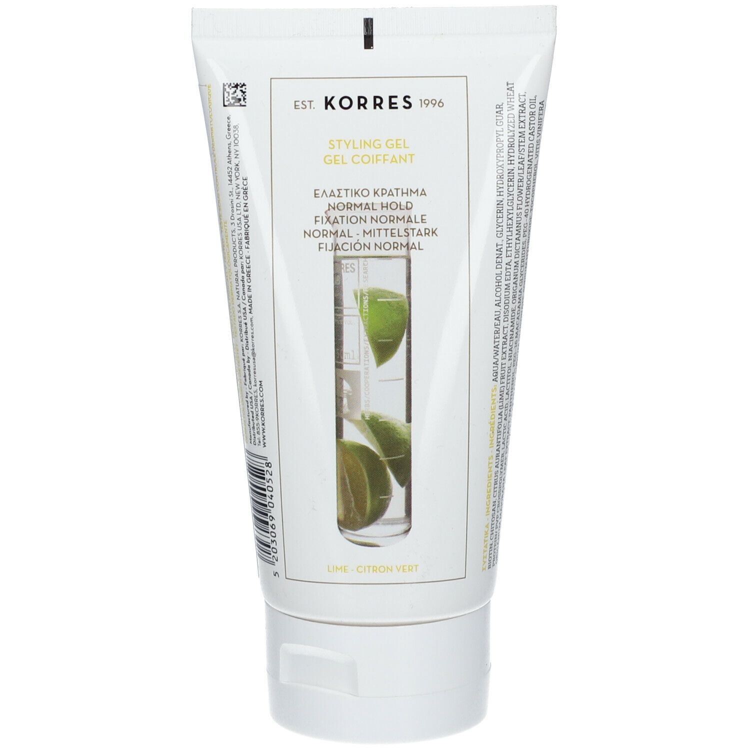 Tube blanc et vert de gel coiffant KORRES. Inscription : Styling Gel, Normal Hold. Illustration de citrons verts. Nom du produit et marque visibles.