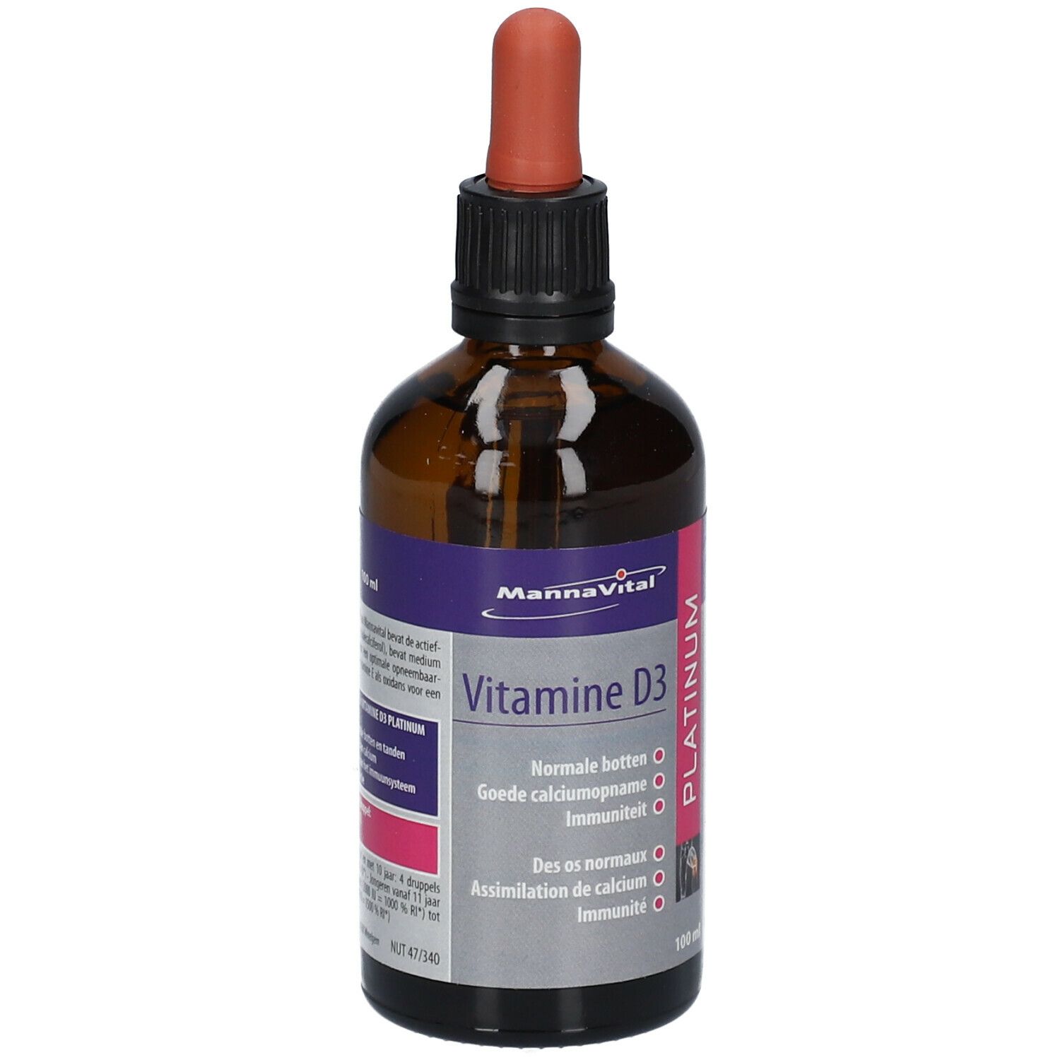 Bruine glazen fles met zwarte dop en rode pipet. Opschrift: MannaVital® Vitamine D3 Platinum.