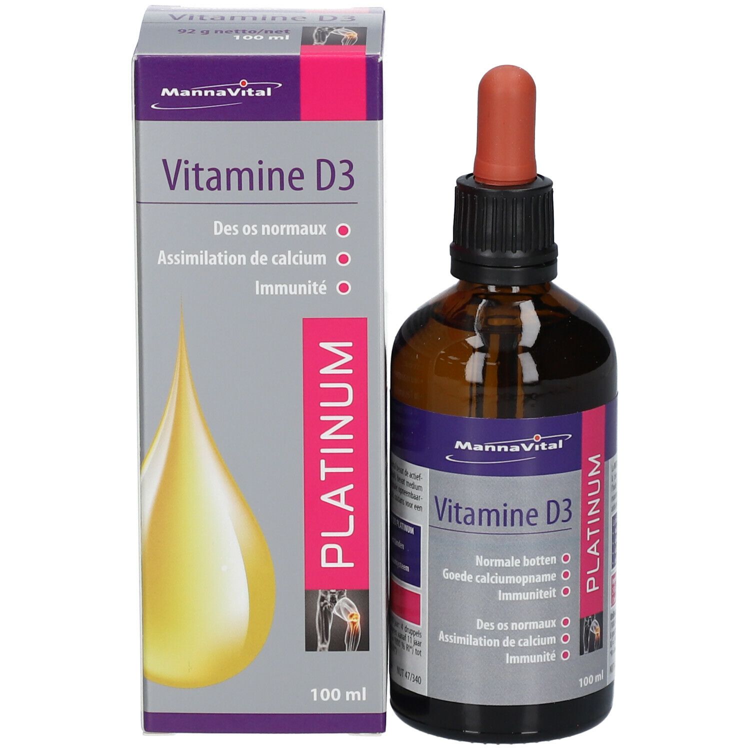 Productverpakking en fles. Opschrift: MannaVital® Vitamine D3 Platinum. Fles met pipet.