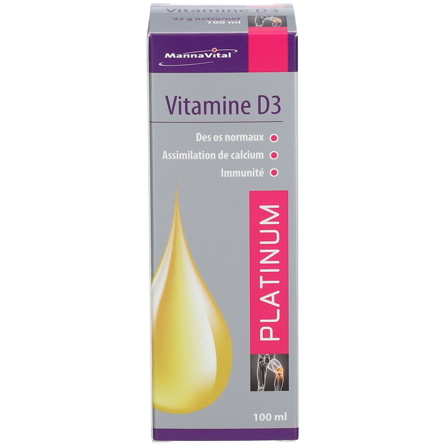 Productverpakking. Opschrift: MannaVital® Vitamine D3 Platinum. Druppelillustratie en tekst.