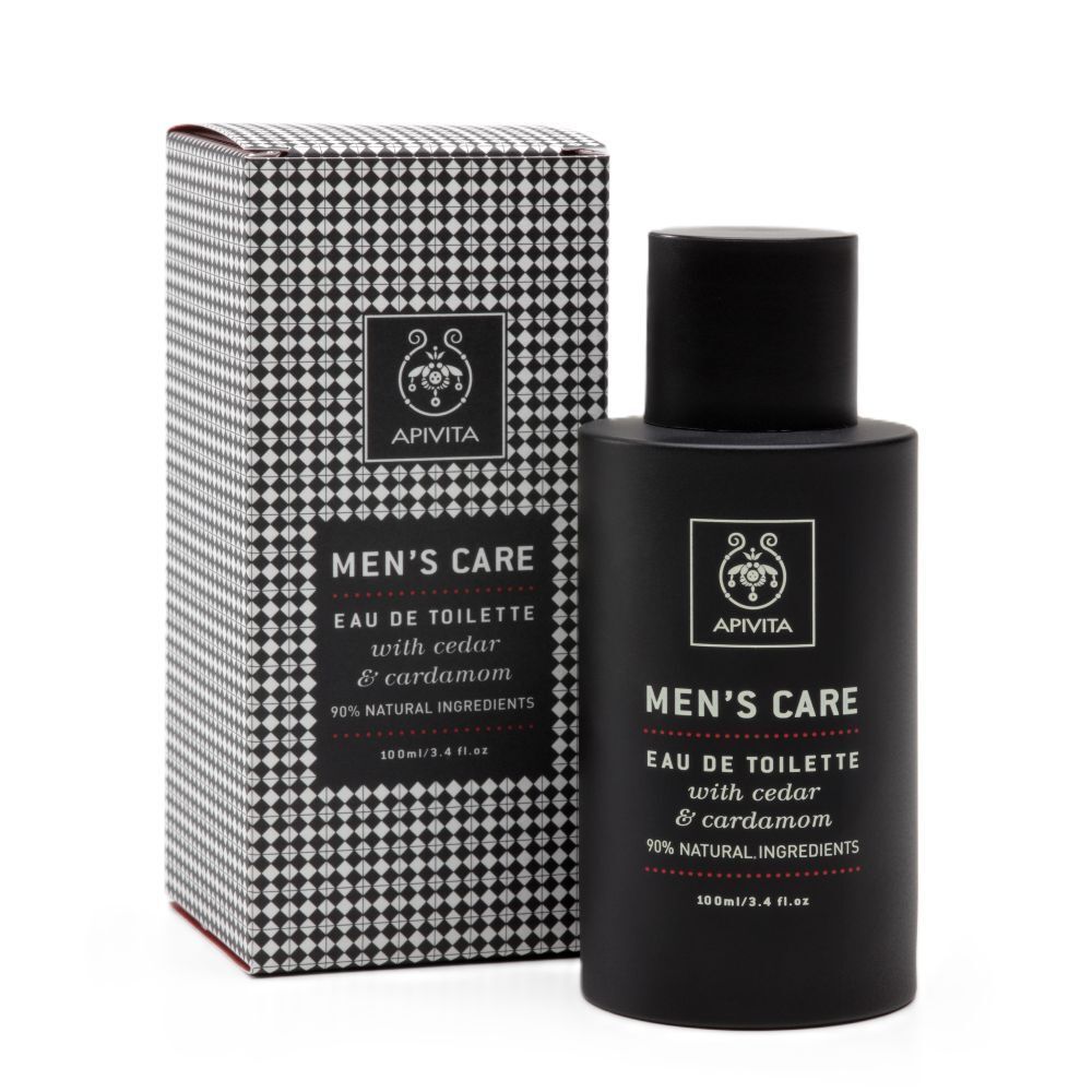 Schwarze Flasche und Schachtel. Aufschrift: Apivita, Men's Care, Eau de Toilette mit Zeder & Kardamom. 90% natürliche Inhaltsstoffe.
