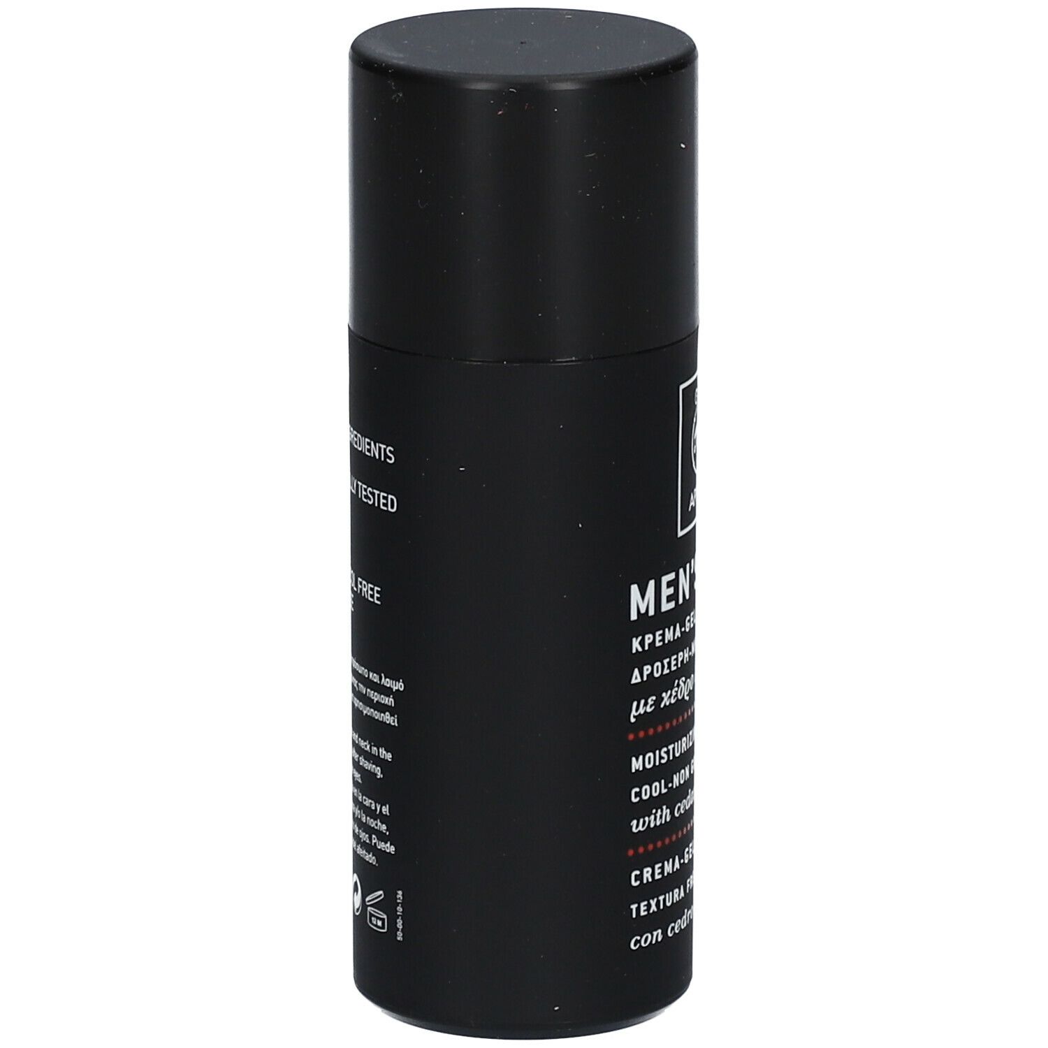 Flacone nero con tappo nero. Scritta: Men's Care, testo, ingredienti, dermatologicamente testato.