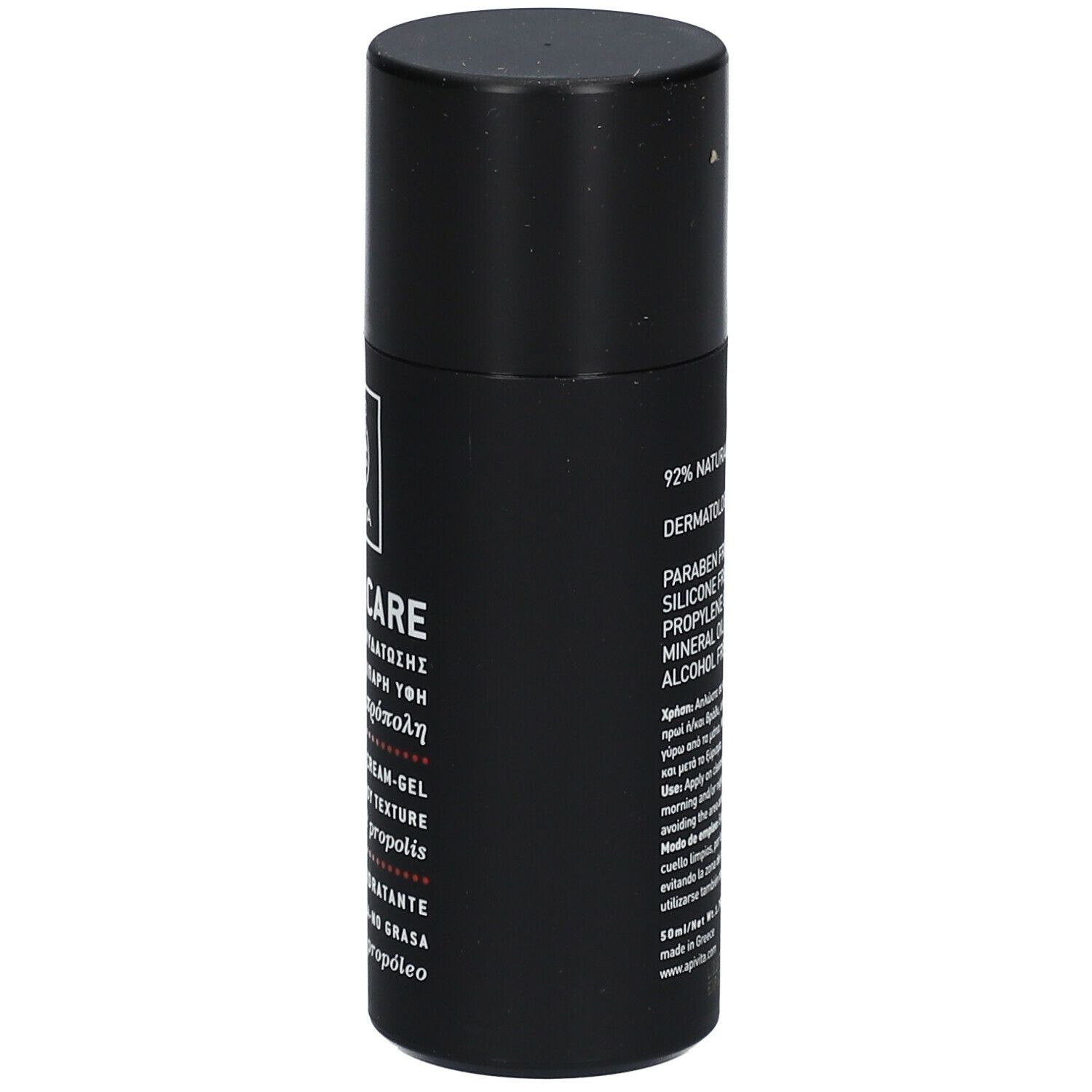 Flacone nero con tappo nero. Scritta: Men's Care, testo, logo Apivita, 92% ingredienti naturali.