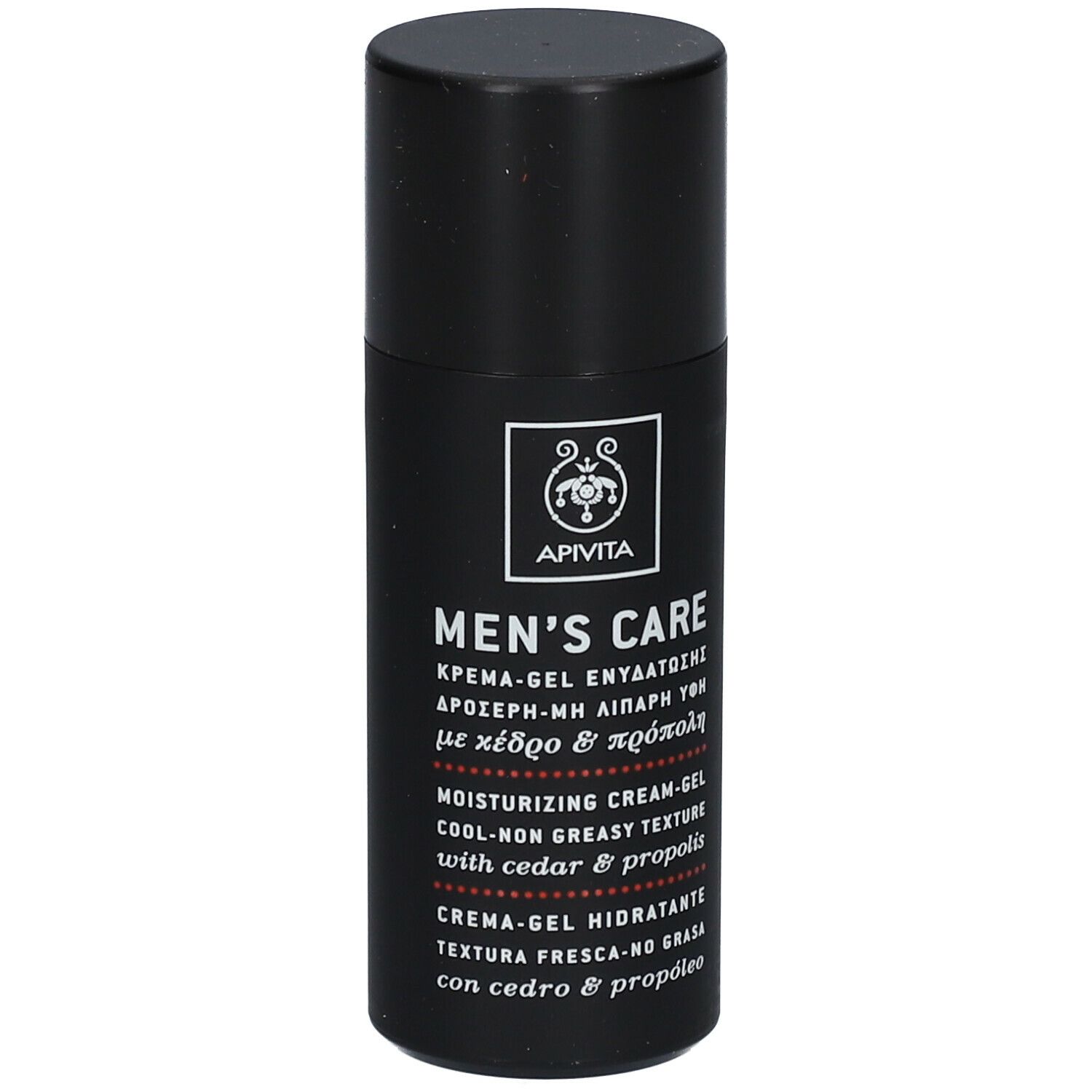 Flacone nero con tappo nero. Scritta: Apivita Men's Care, crema-gel, texture fresca.