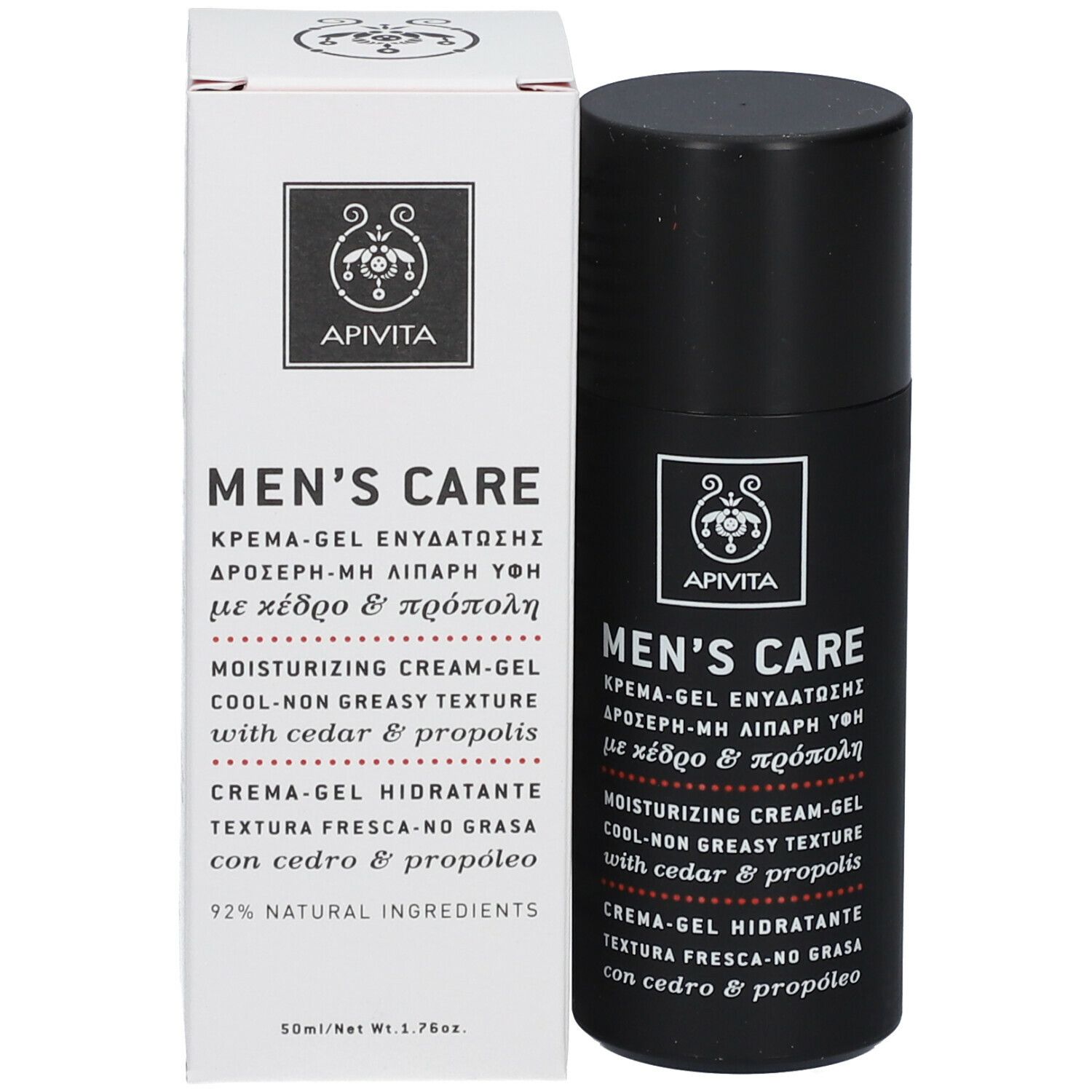 Prodotto e confezione. Flacone nero e scatola bianca. Scritta: Apivita Men's Care, crema-gel.