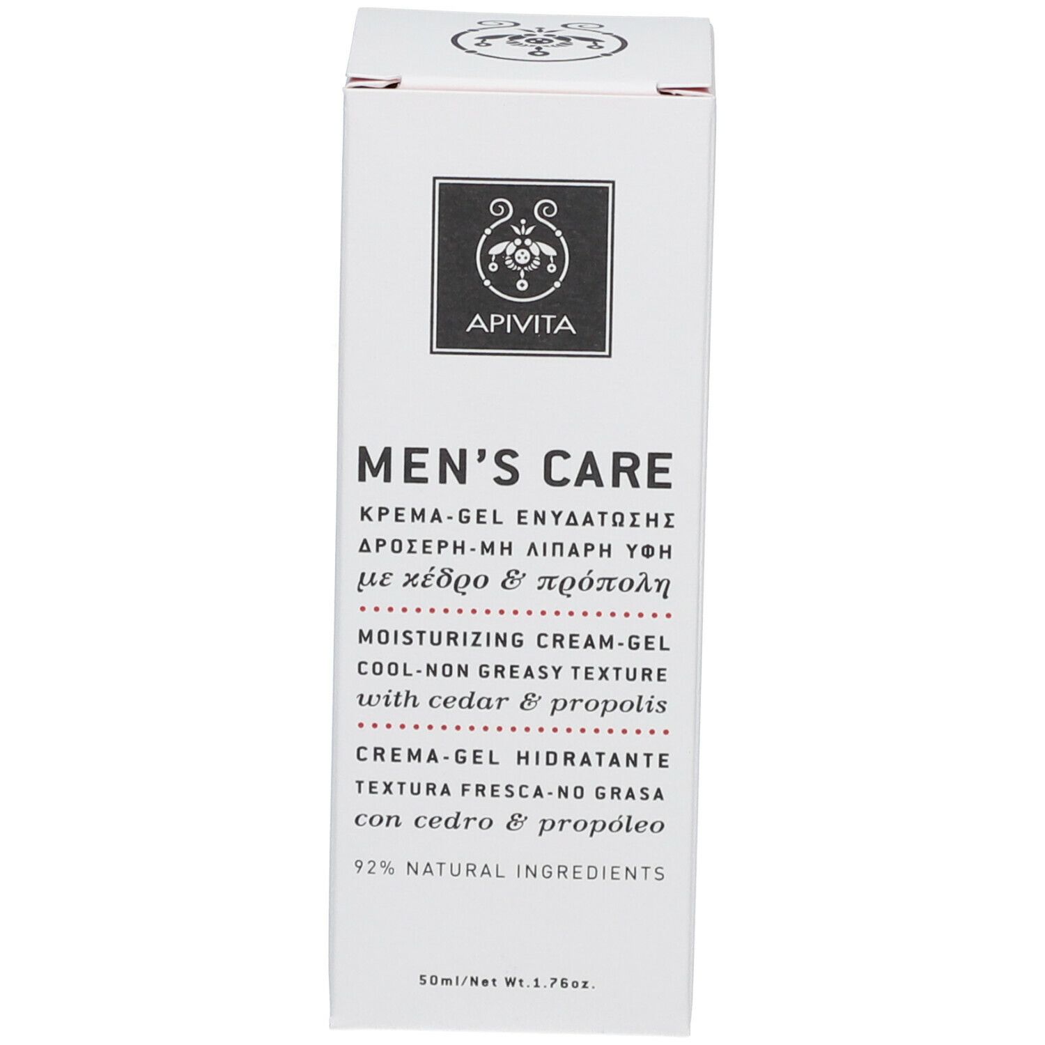 Scatola bianca con scritta: Apivita Men's Care, crema-gel, 92% ingredienti naturali, 50ml.