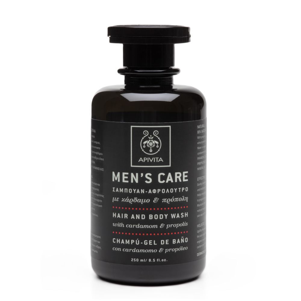 Flacon noir avec bouchon noir. Inscription: Apivita Men's Care Hair and Body Wash.