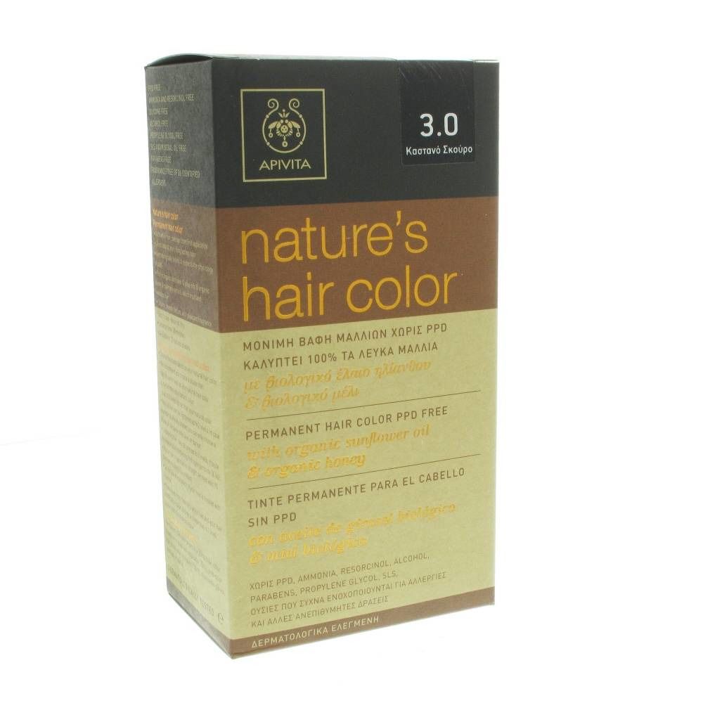 Boîte de coloration capillaire. Inscription : nature's hair color, 3.0, Permanent Hair Color PPD free. Contient huile de tournesol et miel. Marque Apivita.
