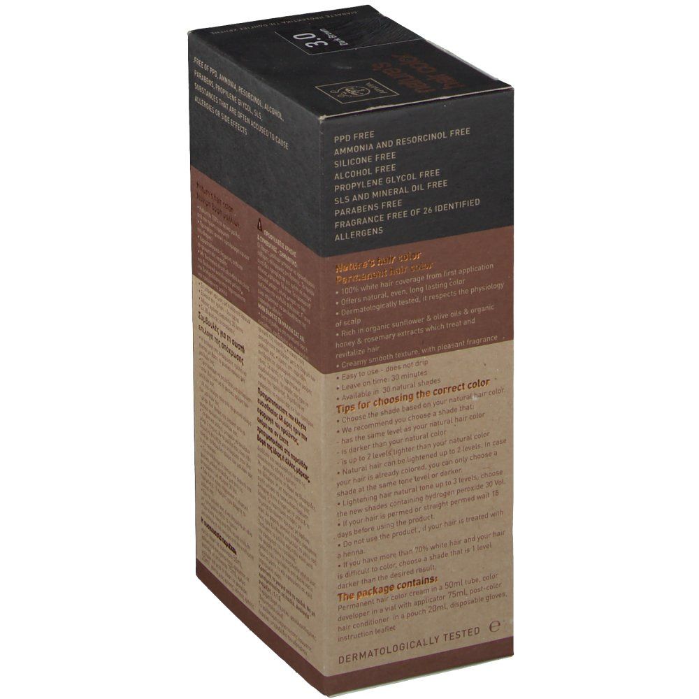 Boîte de coloration capillaire, vue latérale. Contient des informations sur les ingrédients, comme sans PPD, sans ammoniaque, sans résorcine. Testé dermatologiquement.