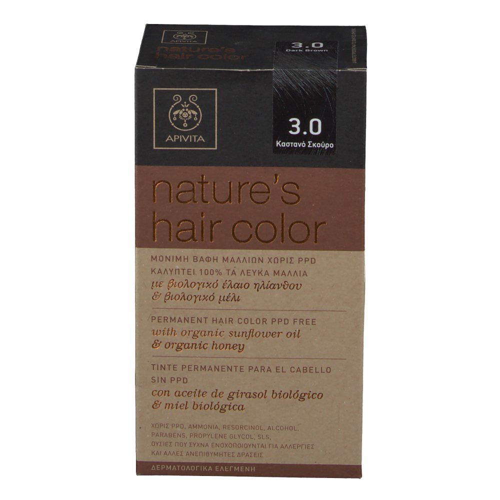 Boîte de coloration capillaire. Inscription : nature's hair color, 3.0, Permanent Hair Color PPD free. Contient huile de tournesol et miel. Marque Apivita.