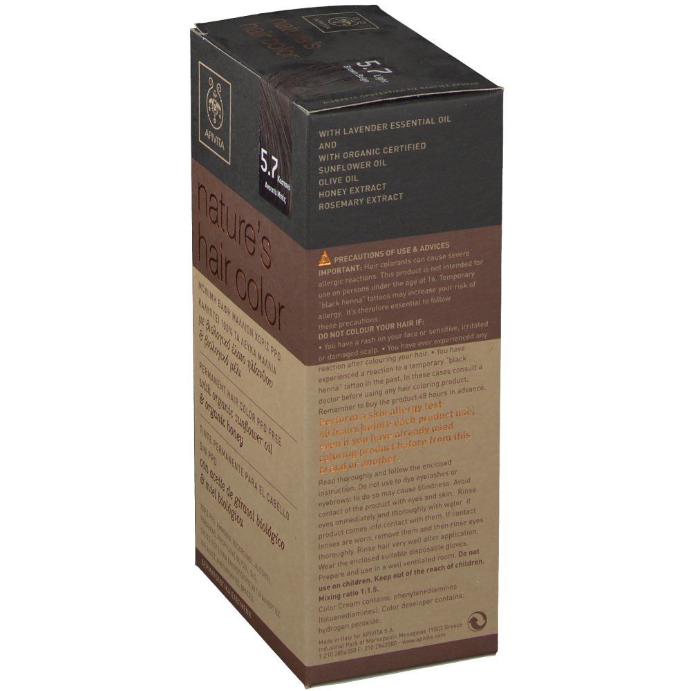 Dos de boîte de coloration capillaire Apivita. Contient huile de lavande, de tournesol, extrait de miel.