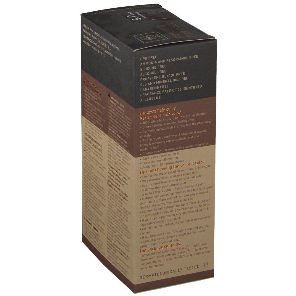 Côté de la boîte de coloration capillaire. Apivita. Sans PPD, silicone, alcool, propylène glycol, SLS.