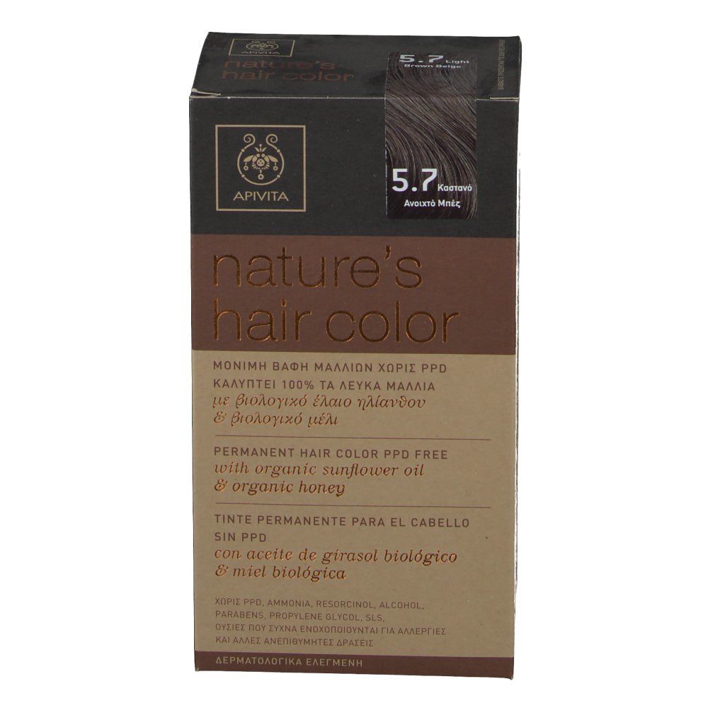 Boîte de coloration capillaire Apivita, teinte 5.7. Inscription : nature's hair color. Sans PPD.