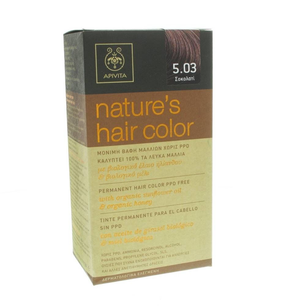 Boîte de coloration capillaire. Inscription : Apivita, Nature's Hair Color, 5.03 Chocolat. Sans PPD, avec huile de tournesol et miel.
