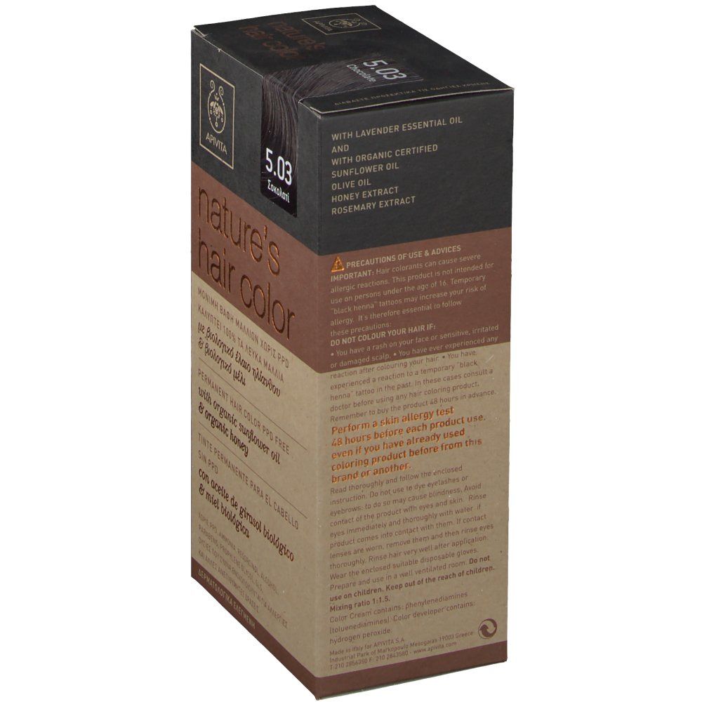 Boîte de coloration capillaire. Dos avec ingrédients et instructions. Huile de lavande, huile de tournesol, huile d'olive, extrait de miel.
